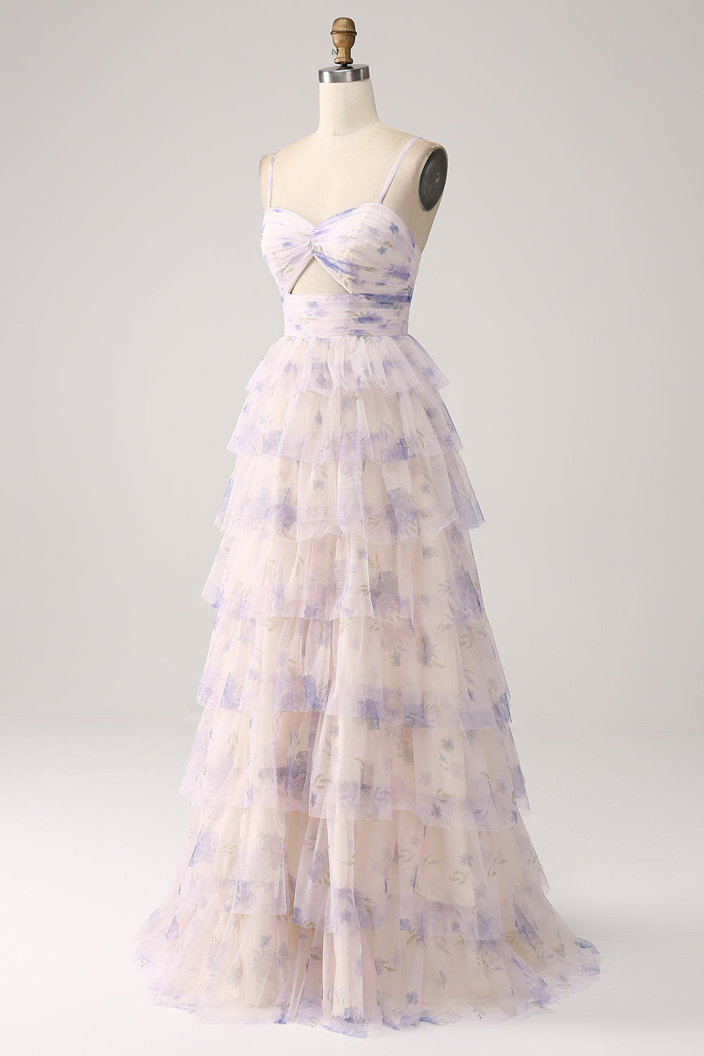 Lavender Flower Print Tiered Princess Prom Dress with Hollow-out