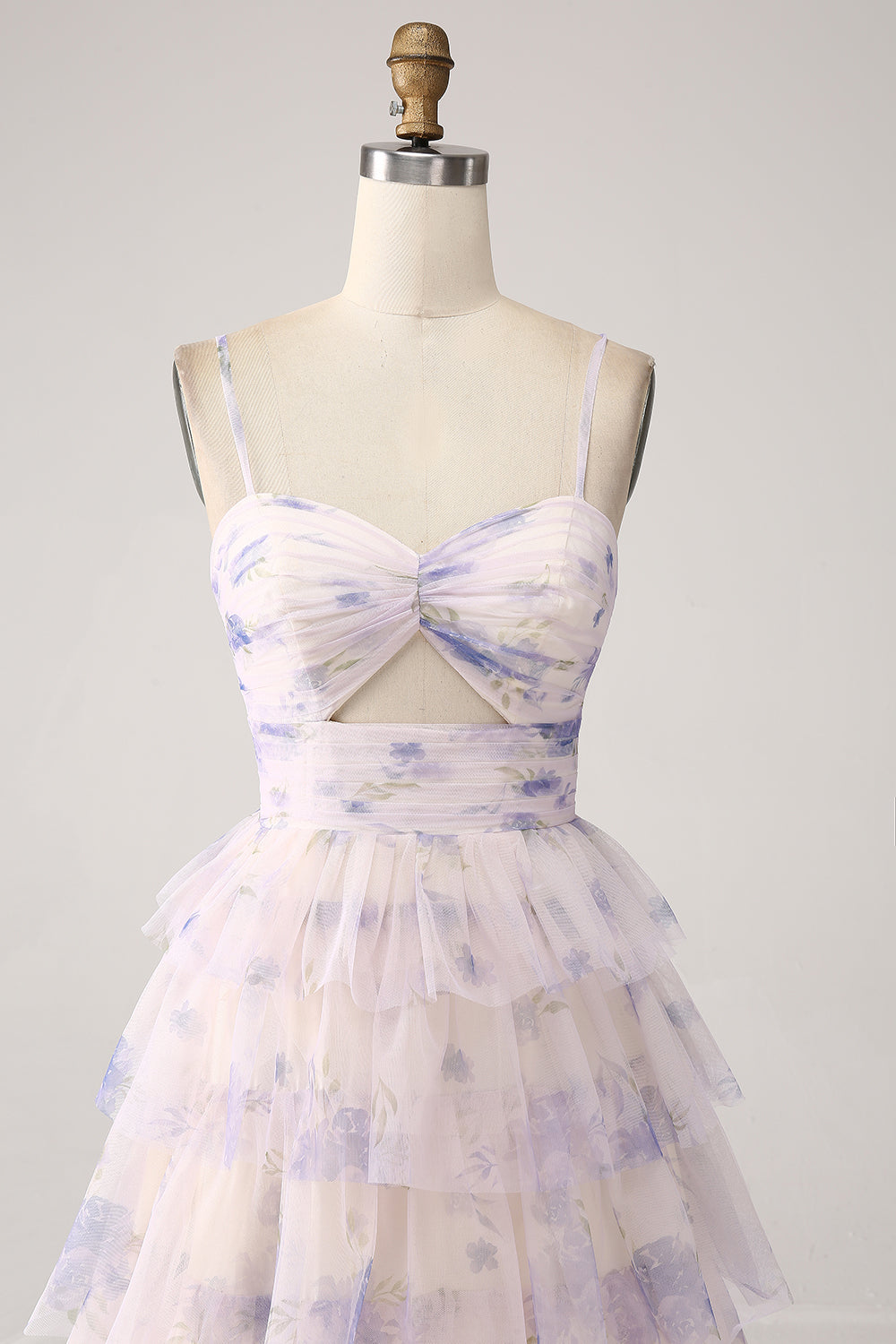Lavender Flower Print Tiered Princess Prom Dress with Hollow-out