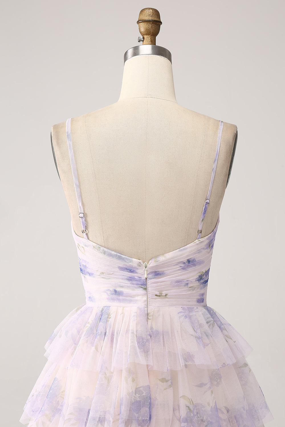 Lavender Flower Print Tiered Princess Prom Dress with Hollow-out