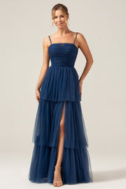 A Line Spaghetti Straps Tiered Navy Tulle Pleated Bridesmaid Dress with Slit