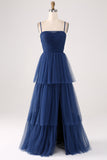 A Line Spaghetti Straps Tiered Navy Tulle Pleated Bridesmaid Dress with Slit
