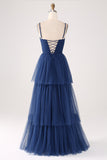 A Line Spaghetti Straps Tiered Navy Tulle Pleated Bridesmaid Dress with Slit