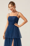 A Line Spaghetti Straps Tiered Navy Tulle Pleated Bridesmaid Dress with Slit