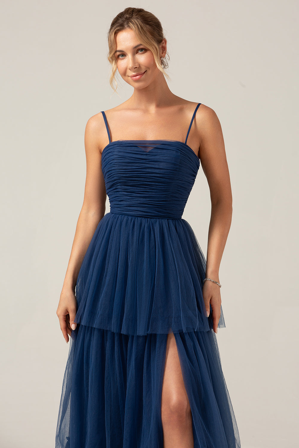 A Line Spaghetti Straps Tiered Navy Tulle Pleated Bridesmaid Dress with Slit