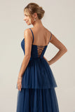 A Line Spaghetti Straps Tiered Navy Tulle Pleated Bridesmaid Dress with Slit