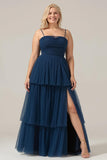 A Line Spaghetti Straps Tiered Navy Tulle Pleated Bridesmaid Dress with Slit