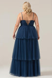 A Line Spaghetti Straps Tiered Navy Tulle Pleated Bridesmaid Dress with Slit