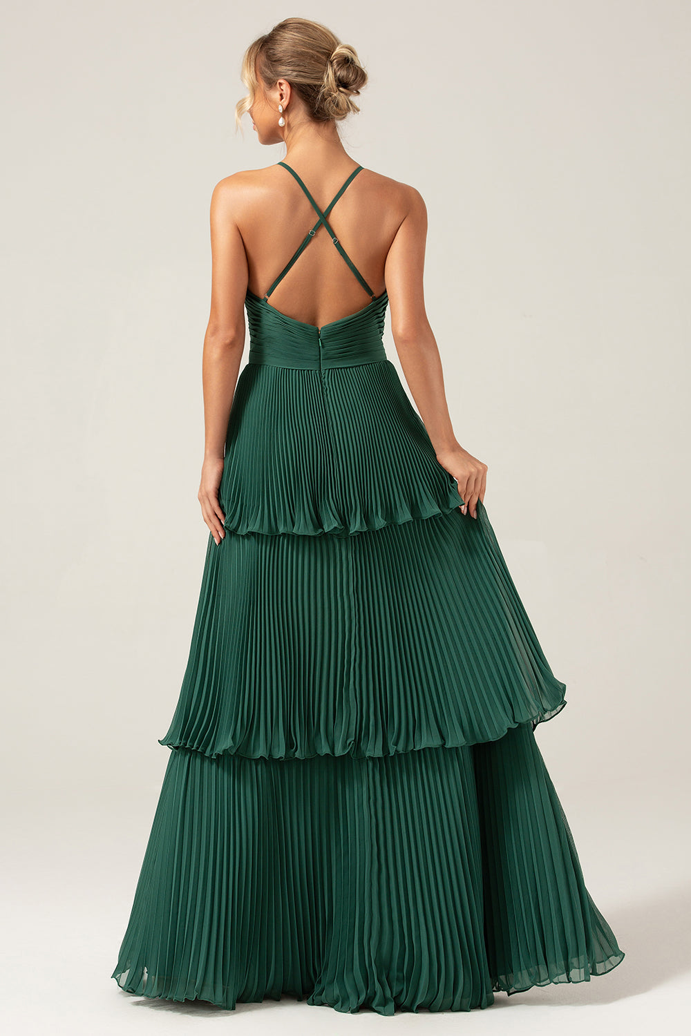 A-Line Pleated Dark Green Tiered Chiffon Bridesmaid Dress