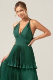 A-Line Pleated Dark Green Tiered Chiffon Bridesmaid Dress