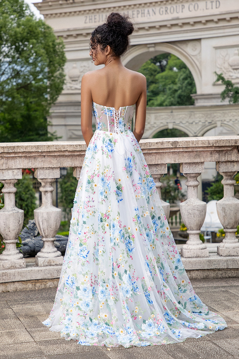 Ivory Flower A-Line Strapless Long Corset Prom Dress