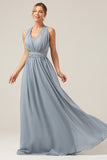 Dusty Blue A Line Chiffon Convertible Maternity Bridesmaid Dress