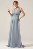 Dusty Blue A Line Chiffon Convertible Maternity Bridesmaid Dress