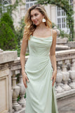 Matcha A Line Spaghetti Straps Satin Long Bridesmaid Dress with Lace Up Back