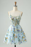Elegant Blue Flower A Line Corset Short Prom Dress with Embroidery