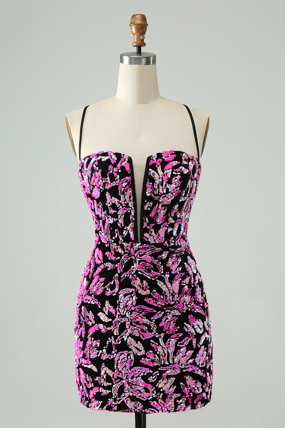 Sparkly Fuchsia Bodycon Spaghetti Straps Sequins Short Prom Dress