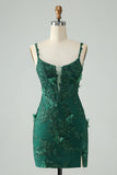 Dark Green Bodycon Spaghetti Straps Short Prom Dress with Appliques