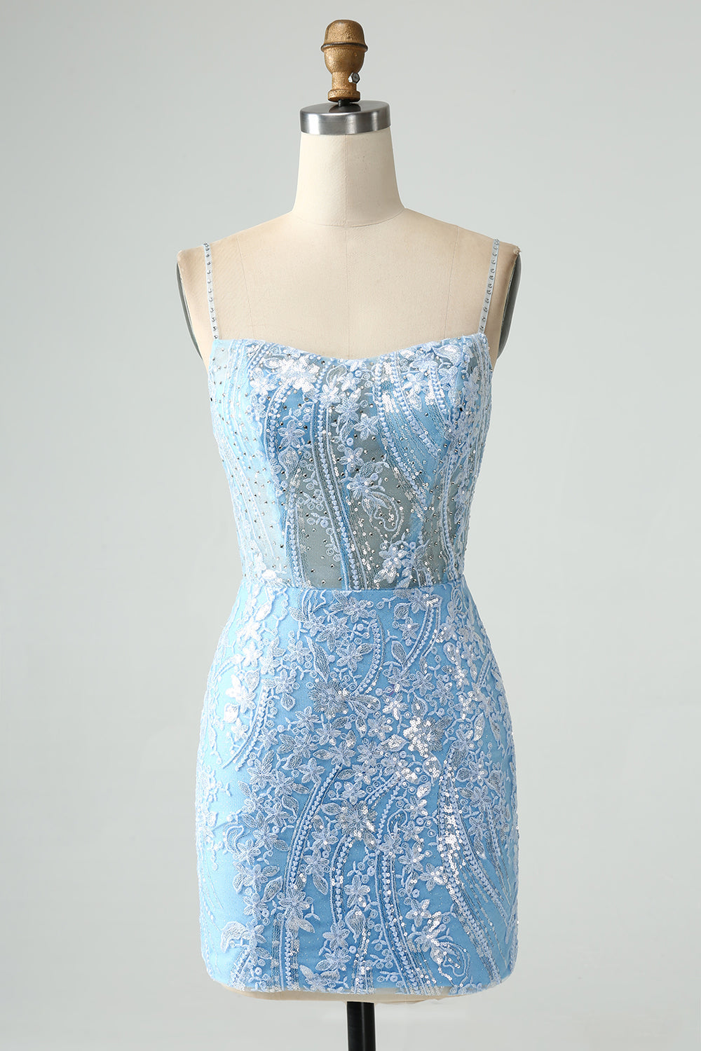 Sparkly Sky Blue Spaghetti Straps Short Cocktail Dress
