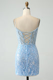 Sparkly Sky Blue Spaghetti Straps Short Cocktail Dress