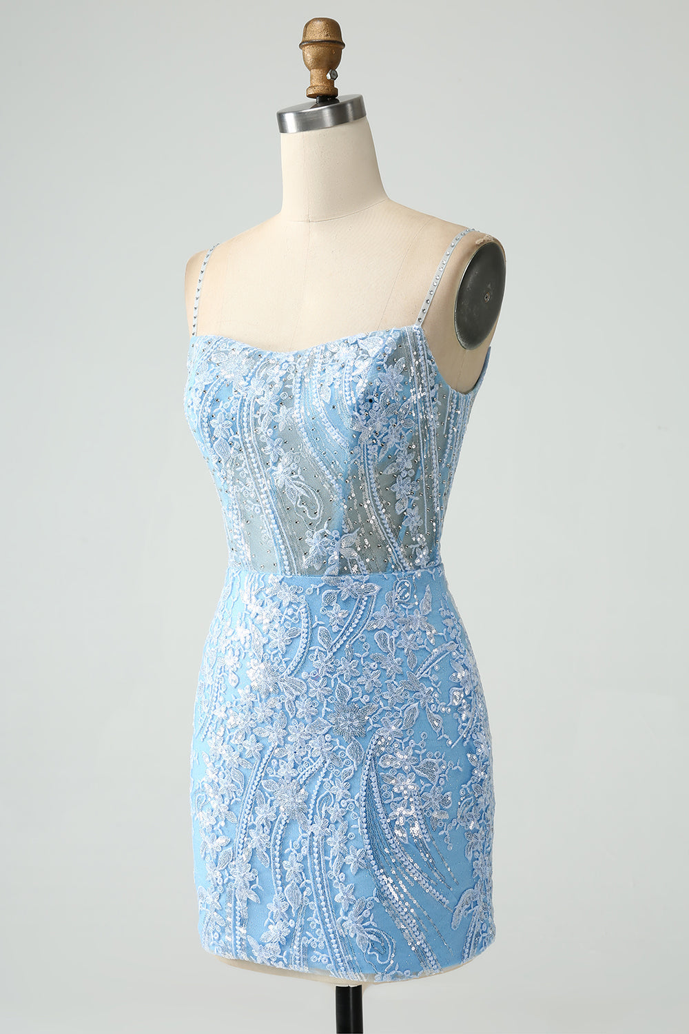 Sparkly Sky Blue Spaghetti Straps Short Cocktail Dress
