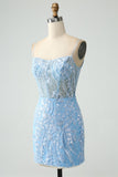 Sparkly Sky Blue Spaghetti Straps Short Cocktail Dress