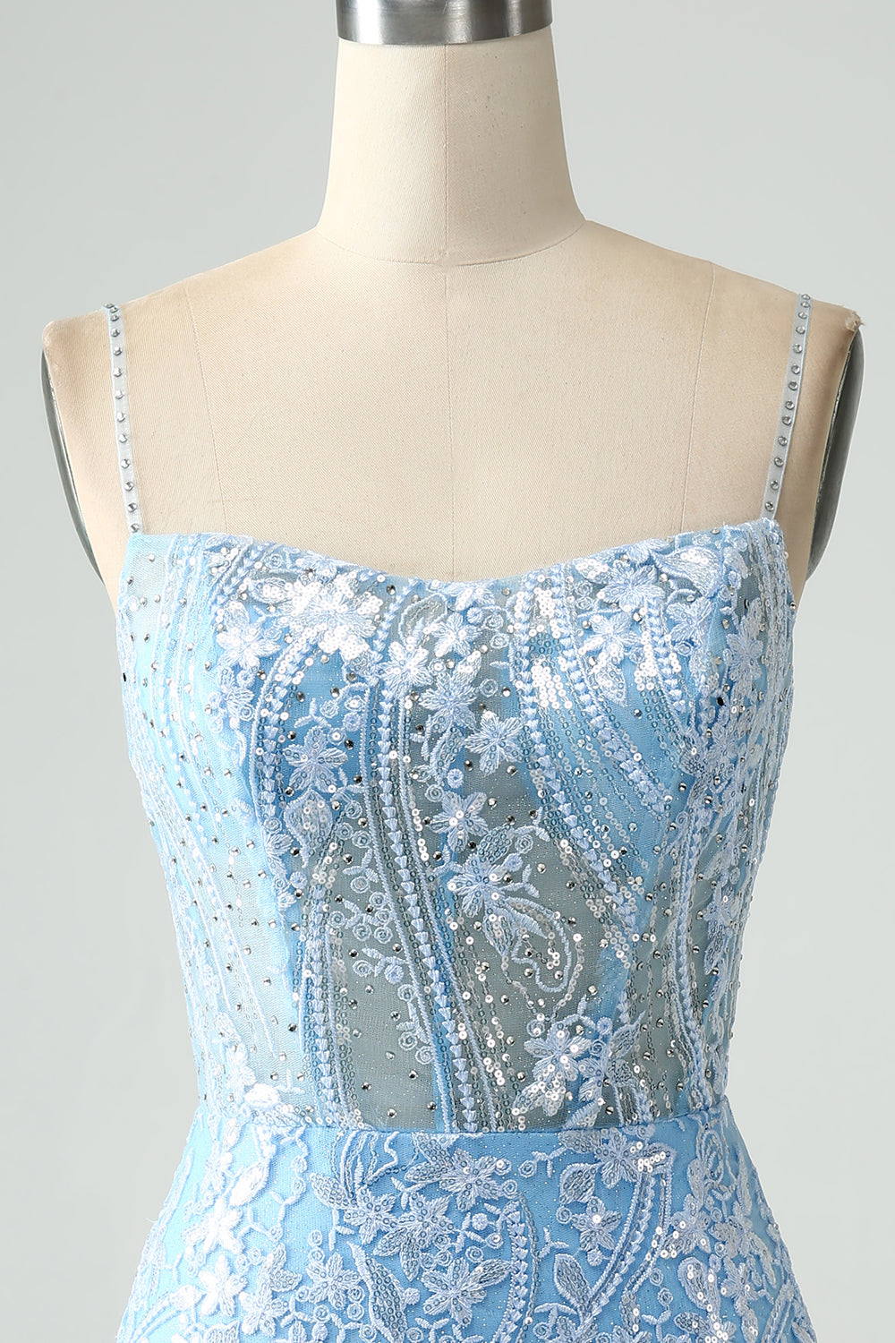 Sparkly Sky Blue Spaghetti Straps Short Cocktail Dress