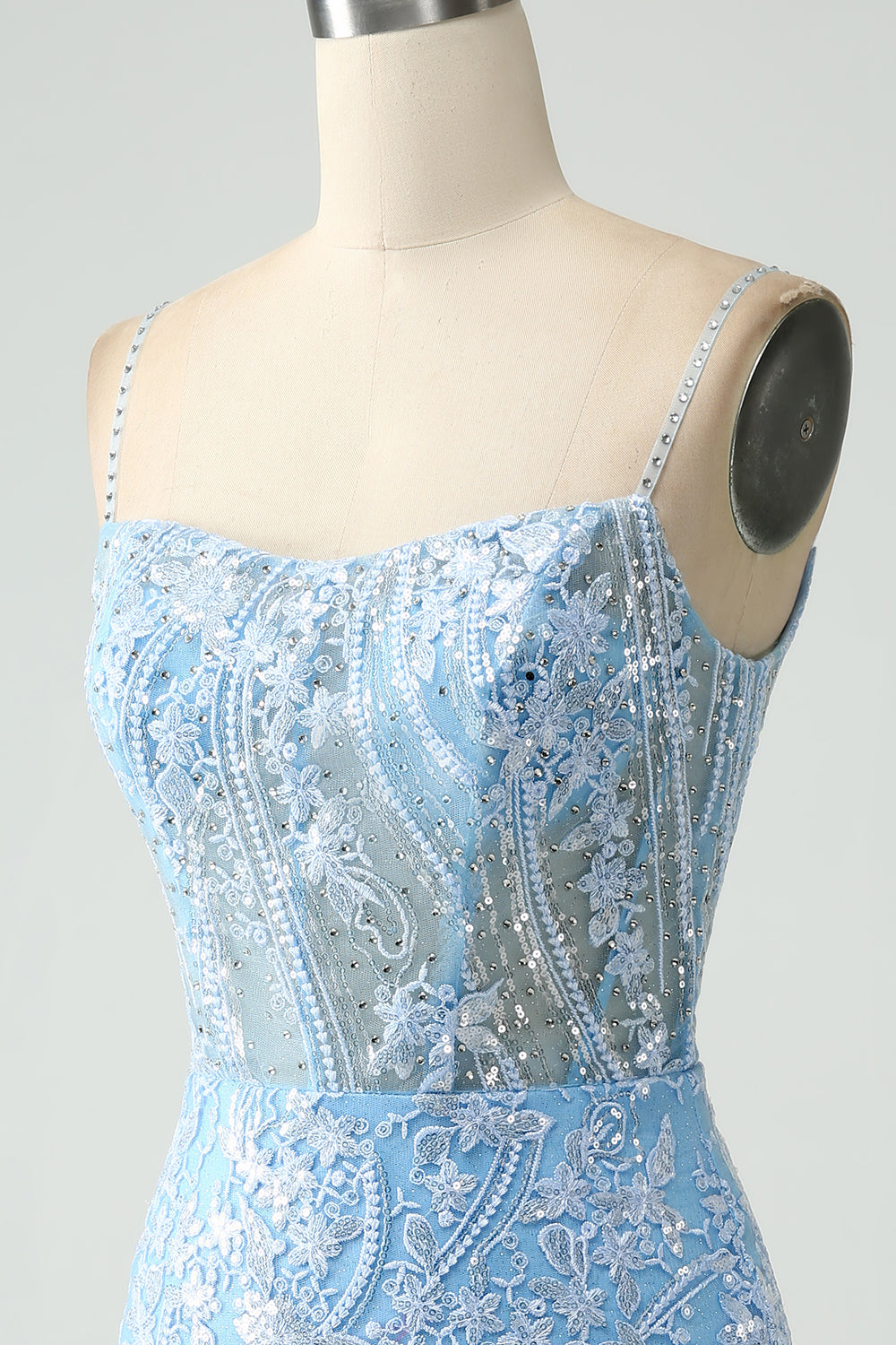 Sparkly Sky Blue Spaghetti Straps Short Cocktail Dress