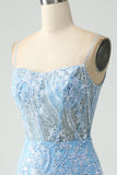 Sparkly Sky Blue Spaghetti Straps Short Cocktail Dress