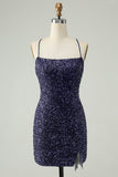 Sparkly Navy Sequins Tight Short Prom Dress With Fringes