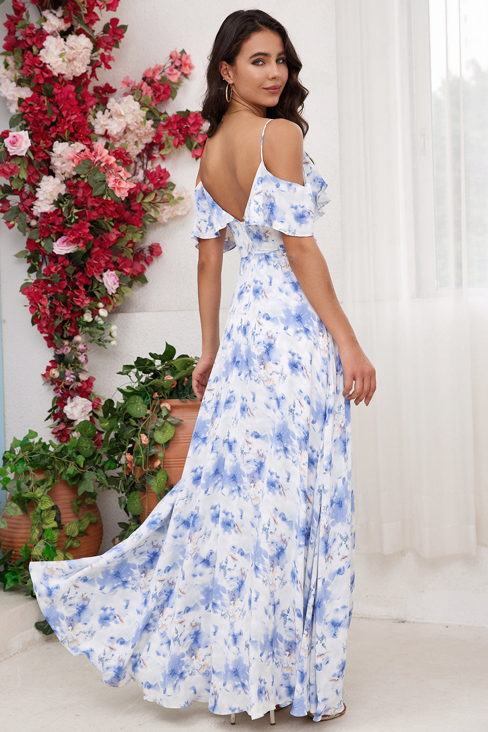 Blue A Line Cold Shoulder Floral Print Maxi Bridesmaid Dress