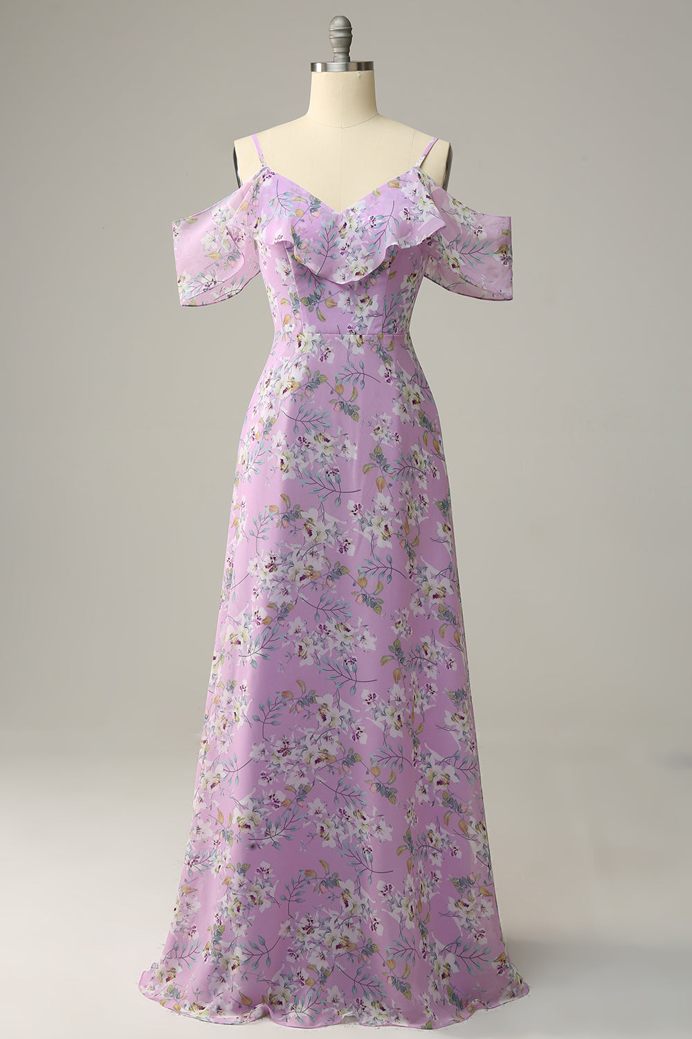 Blue A Line Cold Shoulder Floral Print Maxi Bridesmaid Dress