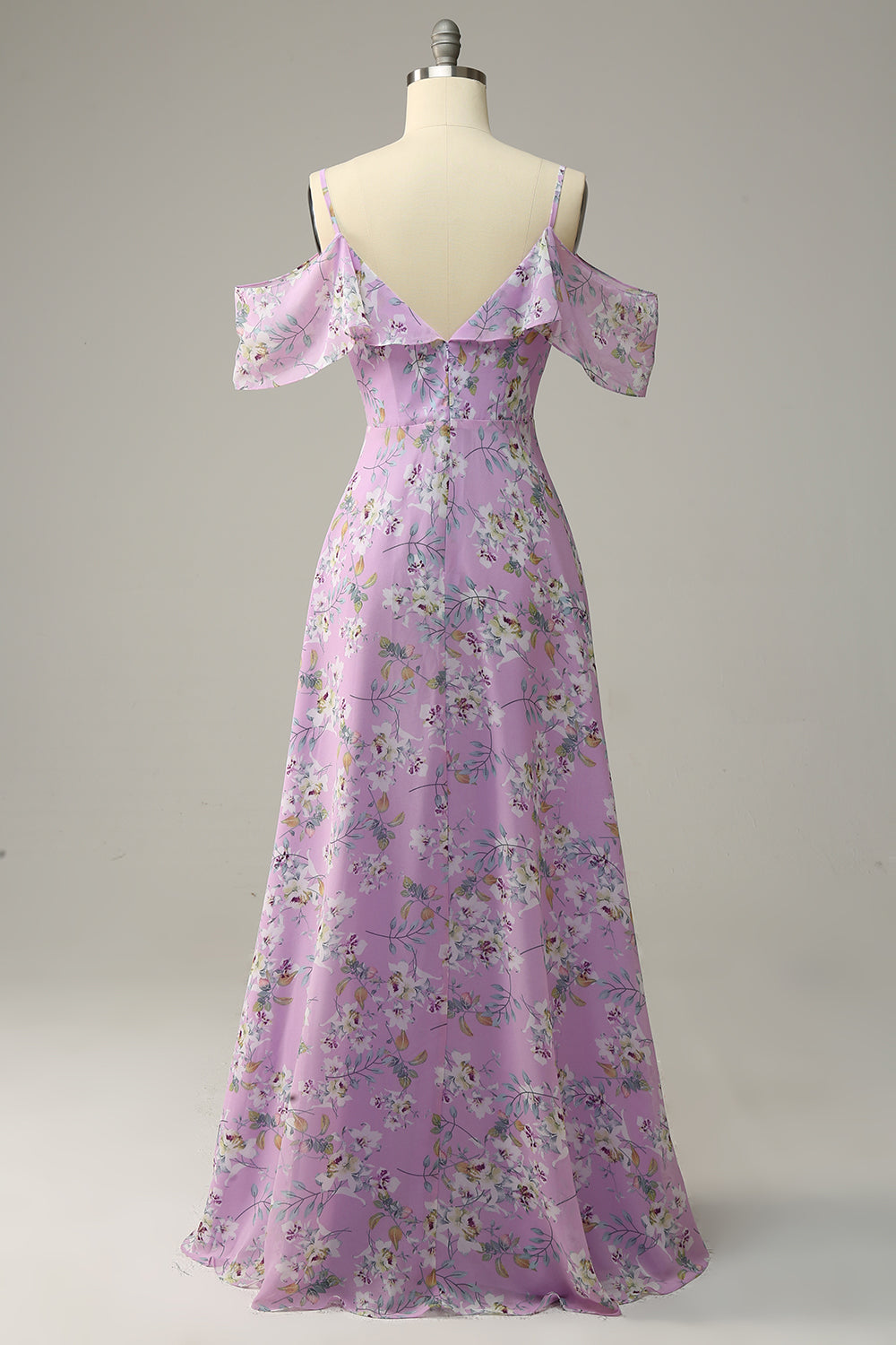 Blue A Line Cold Shoulder Floral Print Maxi Bridesmaid Dress