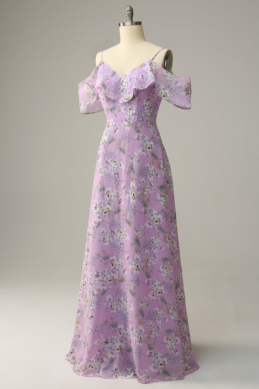 Blue A Line Cold Shoulder Floral Print Maxi Bridesmaid Dress