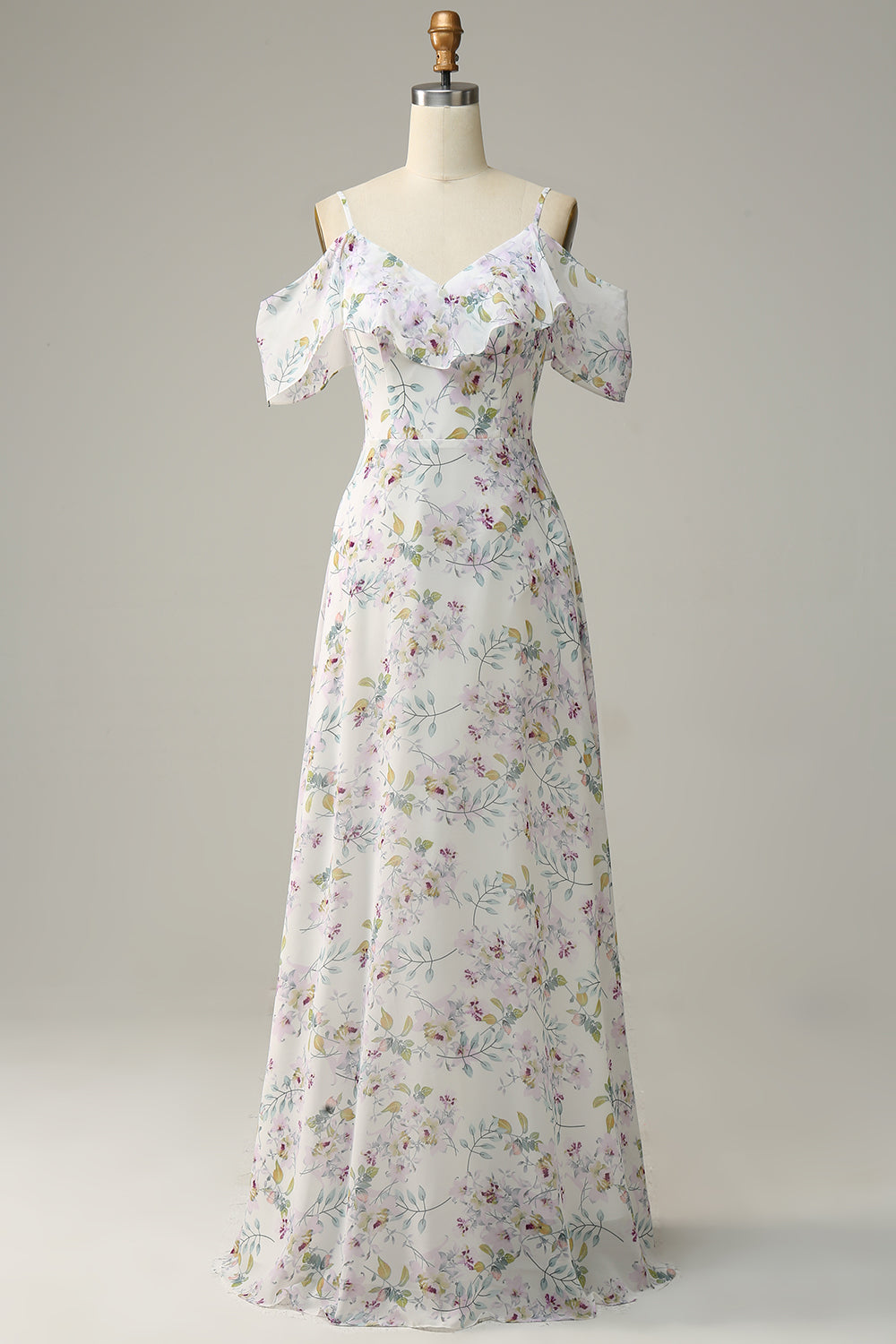 Blue A Line Cold Shoulder Floral Print Maxi Bridesmaid Dress