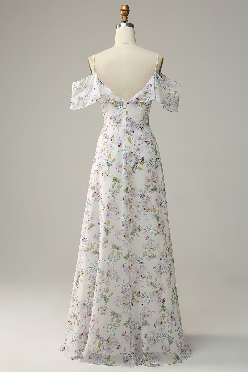 Blue A Line Cold Shoulder Floral Print Maxi Bridesmaid Dress