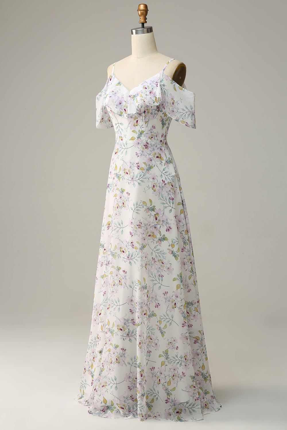 Blue A Line Cold Shoulder Floral Print Maxi Bridesmaid Dress