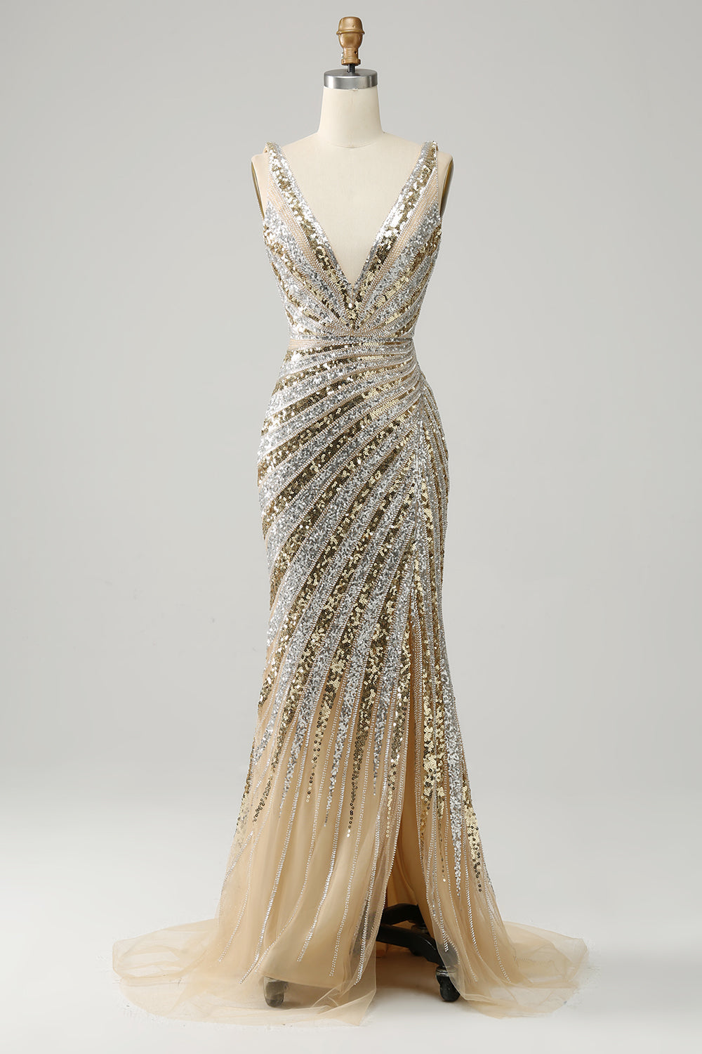 Sparkly Mermaid Deep V Neck Golden Long Prom Dress with Split Front