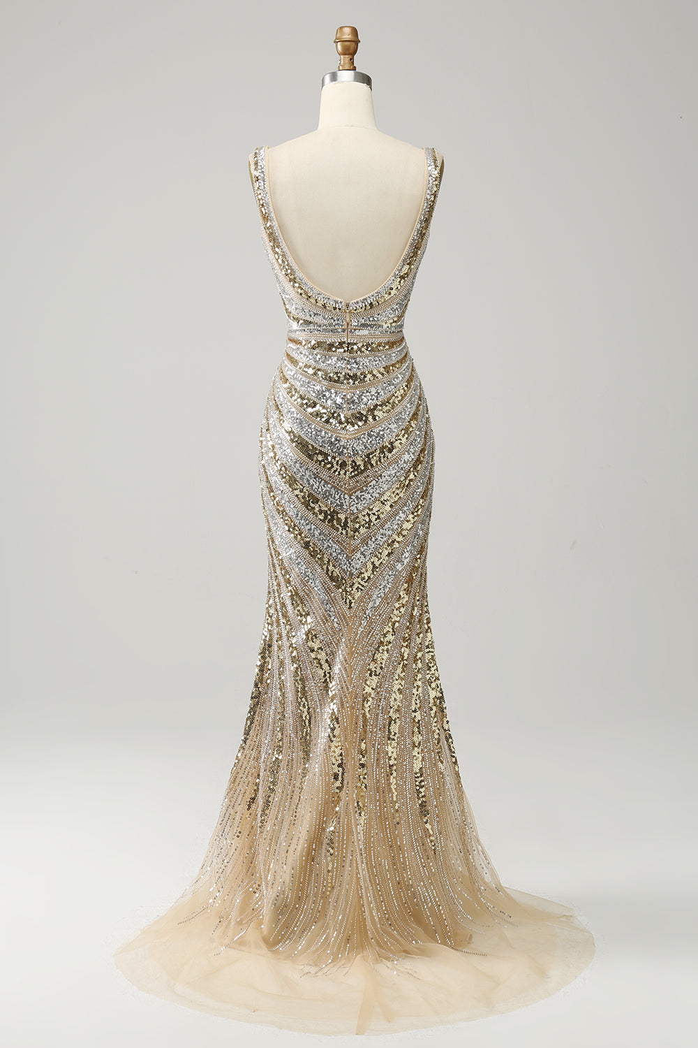 Sparkly Mermaid Deep V Neck Golden Long Prom Dress with Split Front