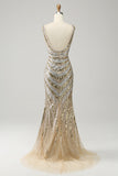 Sparkly Mermaid Deep V Neck Golden Long Prom Dress with Split Front