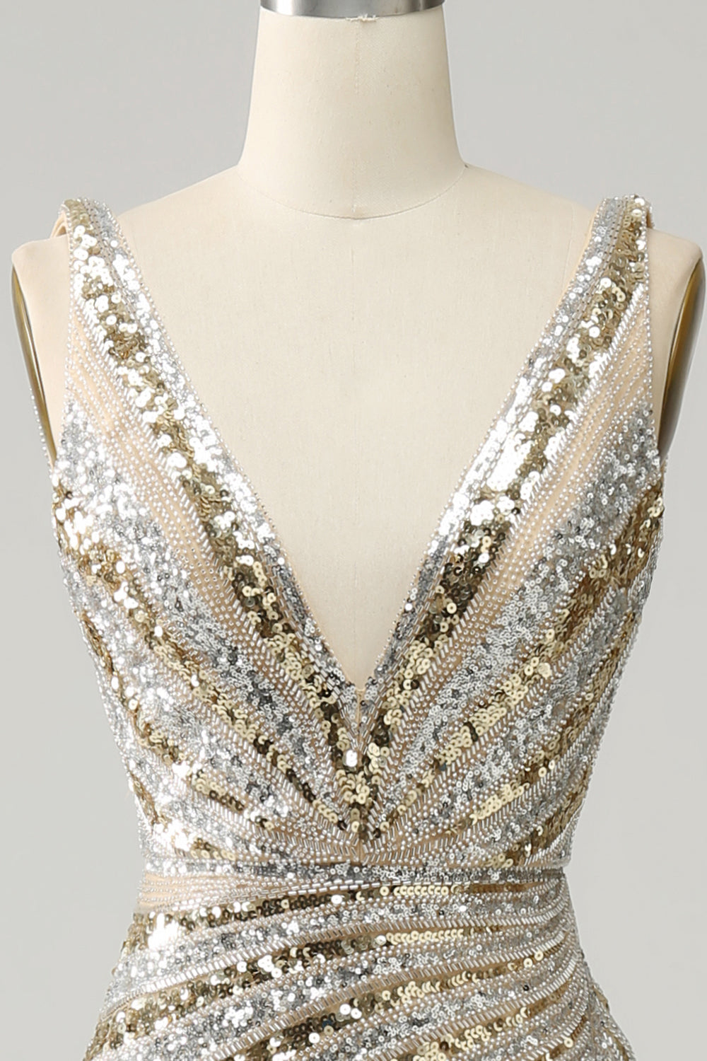 Sparkly Mermaid Deep V Neck Golden Long Prom Dress with Split Front