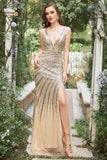 Leely Women Golden Beading Long Prom Dress Mermaid Deep V Neck Formal Dress with Split Front