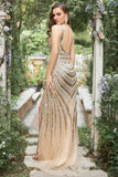Sparkly Mermaid Deep V Neck Golden Long Prom Dress with Split Front