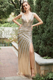Sparkly Mermaid Deep V Neck Golden Long Prom Dress with Split Front