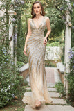 Sparkly Mermaid Deep V Neck Golden Long Prom Dress with Split Front