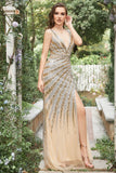 Sparkly Mermaid Deep V Neck Golden Long Prom Dress with Split Front