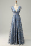 A Line Deep V Neck Grey Blue Wedding Party Dress with Embroidery