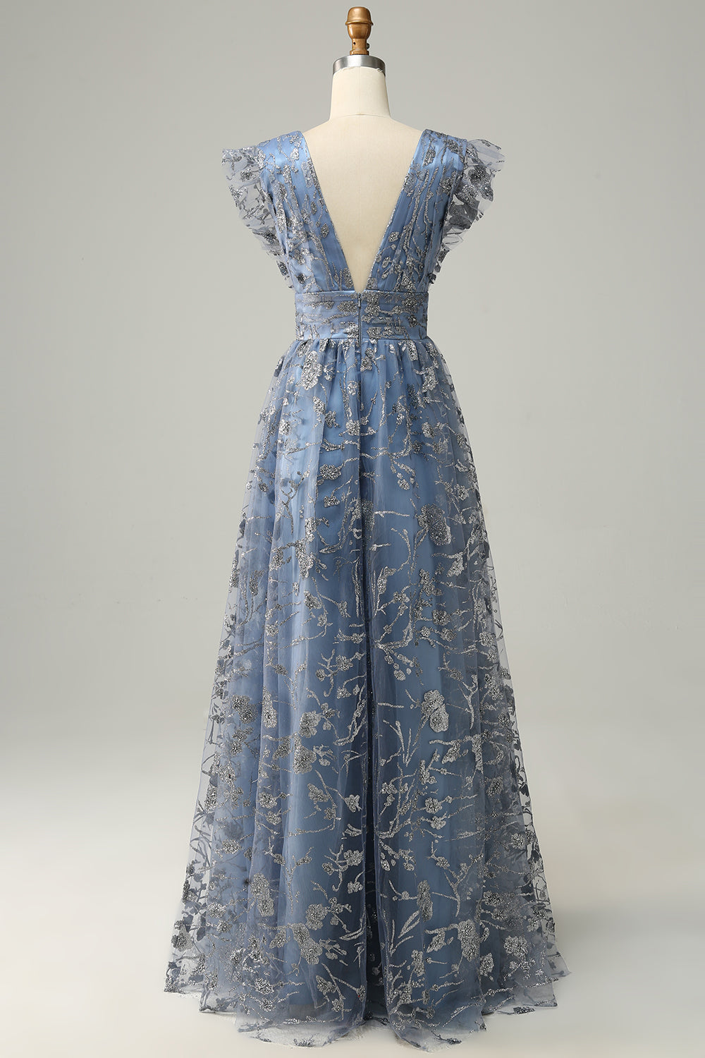 A Line Deep V Neck Grey Blue Wedding Party Dress with Embroidery