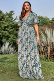 Green A Line V Neck Burnout Velvet Wedding Guest Dress with Short Sleeves