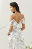 Blue A Line Cold Shoulder Floral Print Maxi Bridesmaid Dress