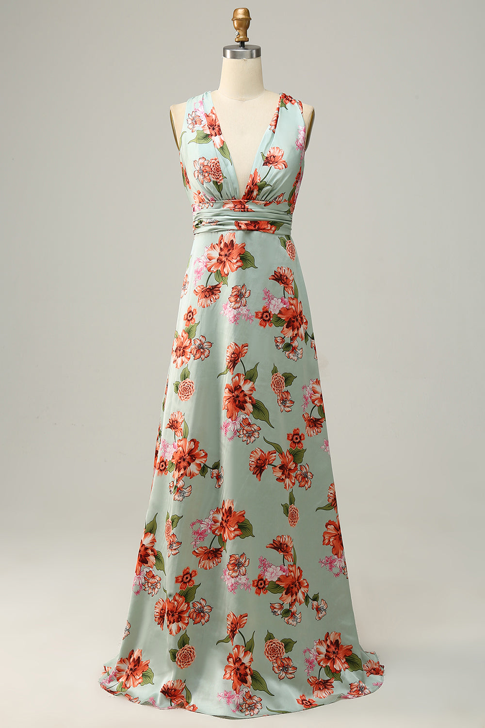 A Line Deep V Neck Green Printed Long Bridesmaid Dress