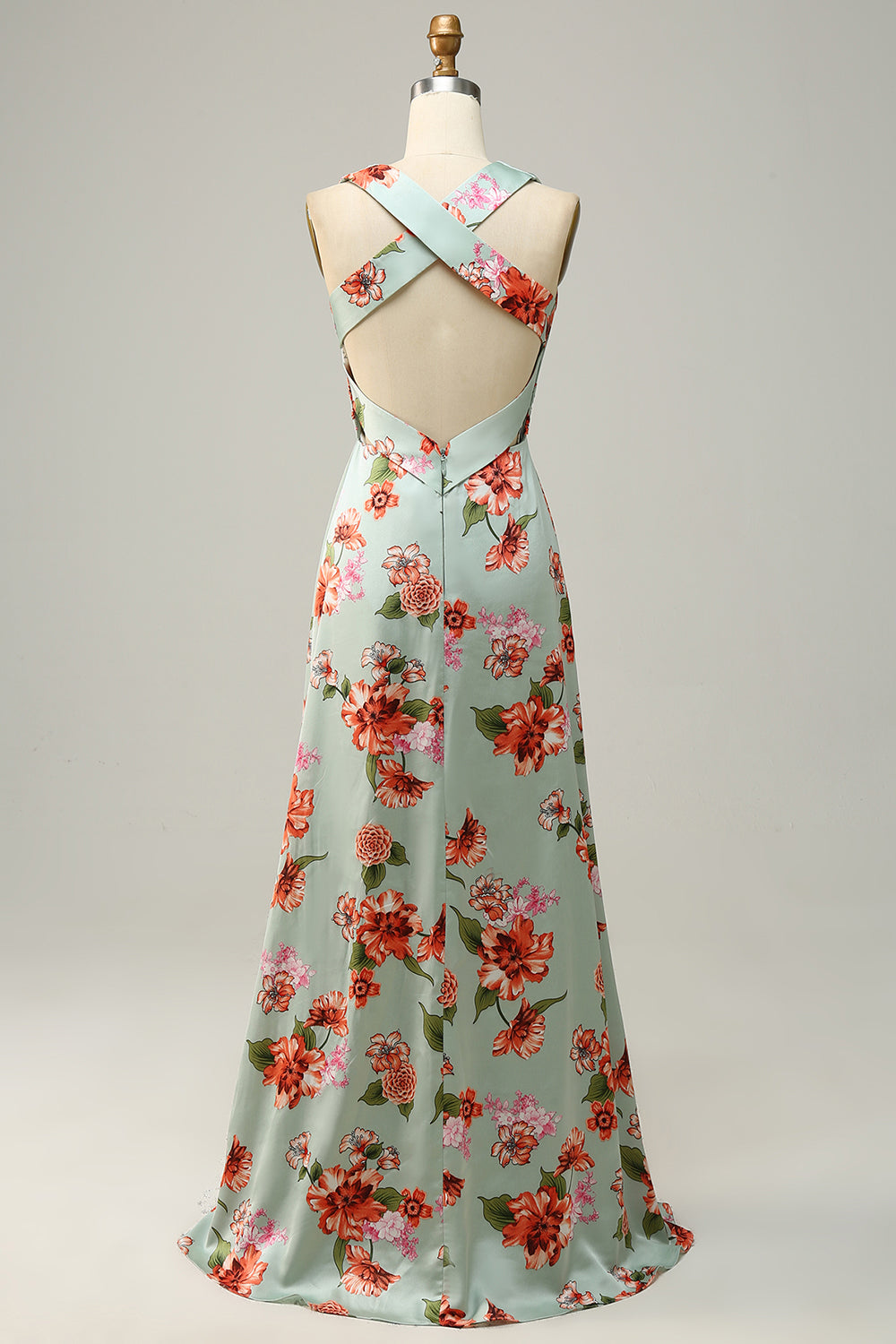 A Line Deep V Neck Green Printed Long Bridesmaid Dress